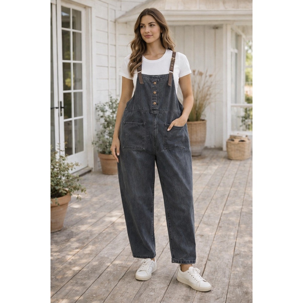 Women Denim Overalls Medium Gray Utility Adjustable Strap Cropped Workwear